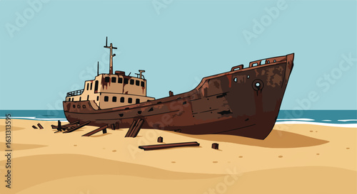 Rusty Shipwreck lying on Beach sand, waves visible, for coastal travel, adventure