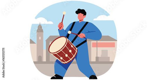 Musician plays a drum in town; background shows building. For music ads