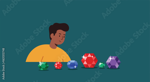 Man Looking at Colorful Gems on Teal Background. Conceptual Image for Wealth, Value