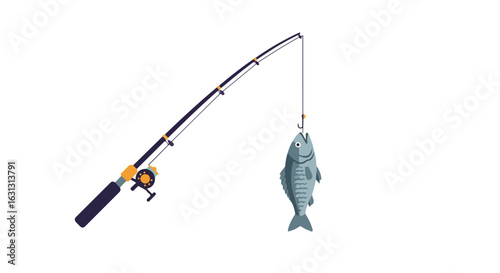 Cartoon fish caught on a fishing rod, isolated for illustrations