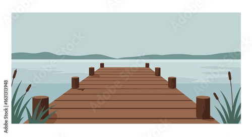 Wooden dock extends on lake, mountain backdrop. Outdoors nature scene