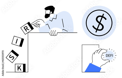 Man evaluating falling risk blocks, dollar sign denoting finance, hand holding DEFI token. Ideal for risk management, finance, blockchain, crypto, decision-making fintech investment. Simple flat