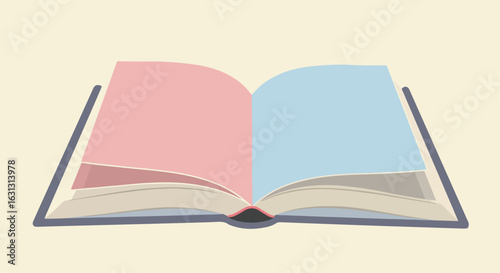 Flat lay. Opened book displaying pink/blue pages on surface. Education concept