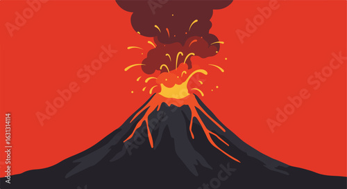 Active volcano erupting, lava flowing, red background. Geology illustration