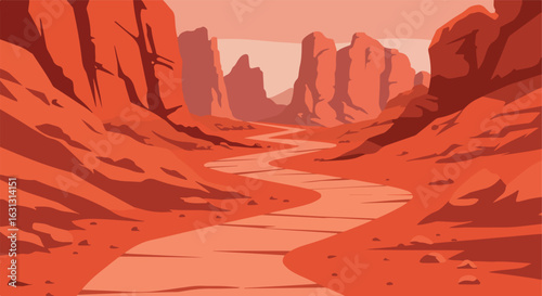 Winding desert road between tall rock formations in a barren land. Backdrop