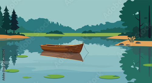 A boat floats in a calm lake with mountains and trees in the background for recreation