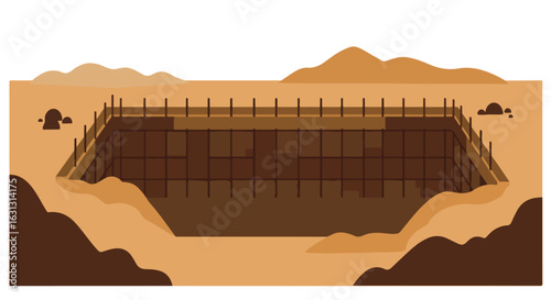 Desert pit a fenced mine shaft on sand, with dunes; industry, agriculture use