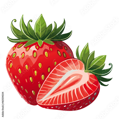 Strawberry whole and half vector color illustration. Image of summer red berry arrangement for packaging design.