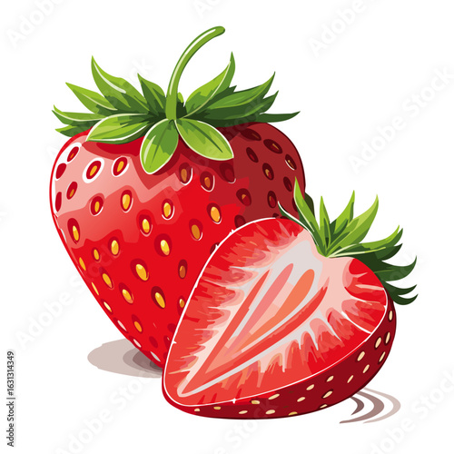 Strawberry whole and half vector color illustration. Image of summer red berry arrangement for packaging design.