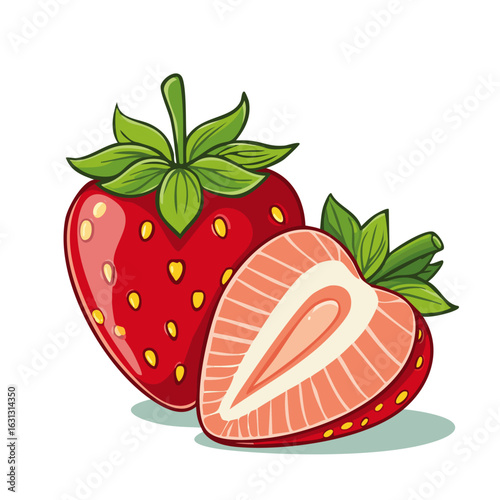 Strawberry whole and half vector color illustration. Image of summer red berry arrangement for packaging design.