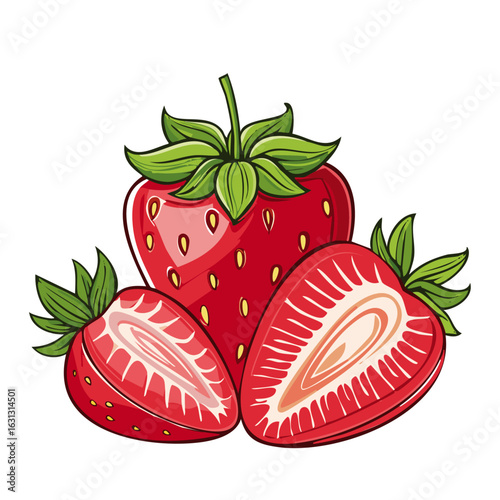 Strawberry whole and half vector color illustration. Image of summer red berry arrangement for packaging design.