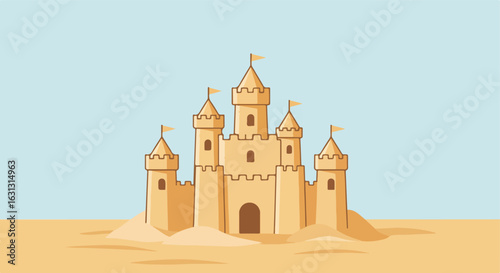 Beach sandcastle with flags on sand at beach, blue sky in background, for vacation
