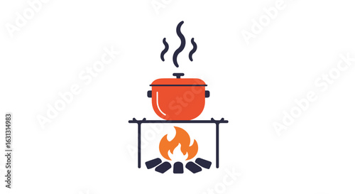 Cooking in a pot over campfire. Vector illustration for camping, outdoor, travel