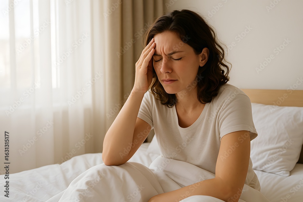 Woman with Headache in Bedroom Woman with Headache in Bedroom