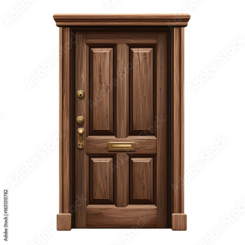 Ornate Wooden Door with Brass Fixtures  a Symbol of Entry  Security on transparent background