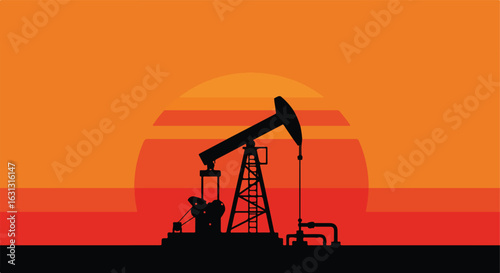 Silhouette of Pump Jack extracting oil at sunset, for industry or energy themes