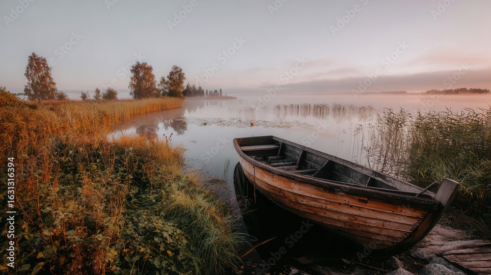 Fototapeta premium Misty sunrise on a tranquil lake with an old wooden boat.