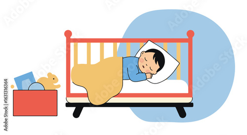 Toddler sleeps soundly in a crib, toys nearby against blue wall for web content