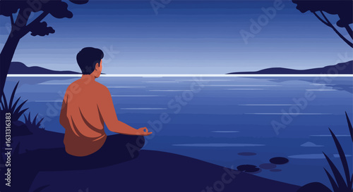 Serene man meditating by lake at night, mountains view. Focus, wellness art