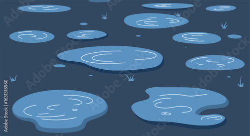 Stylized puddles and grass graphic, ground with water collecting. Flat design
