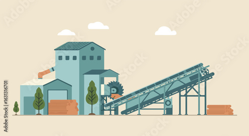 Lumber mill processes logs on conveyor in a flat, cartoon sky design