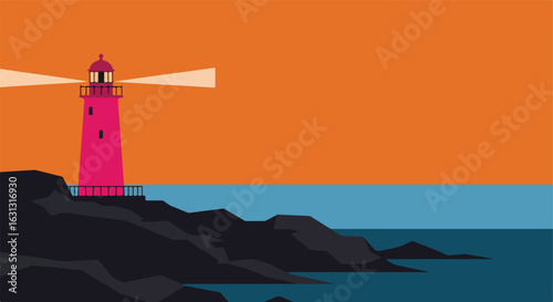 Lighthouse shining light on cliffside with sea in orange dusk for coastal safety