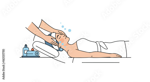 Woman receiving head massage at spa, with oils and candles in the background