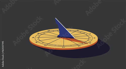 Sundial casting shadow on gray background, time telling in education usage