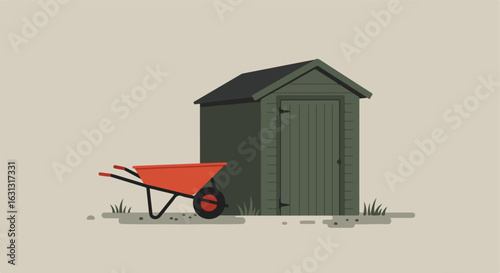 Red Wheelbarrow Next To A Shed. Grass In Background. Gardening concept usage