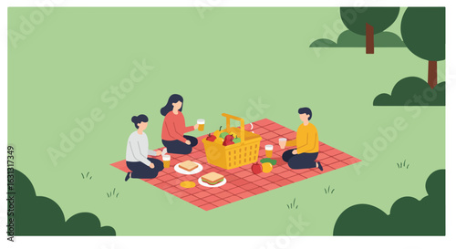 People picnic in park. Friends eat food with trees & grass in background, for articles