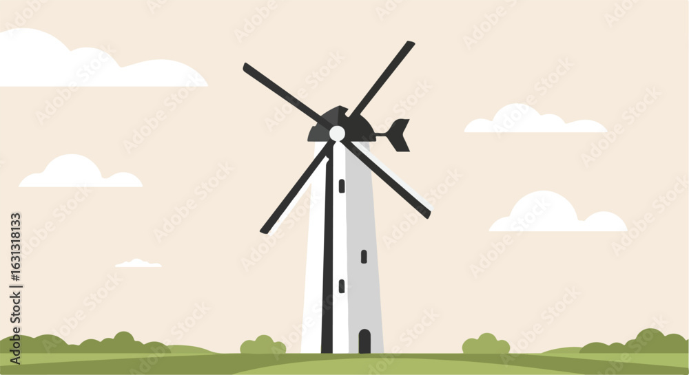 Fototapeta premium Windmill spins. Rural scene, with clouds. For learning, travel content