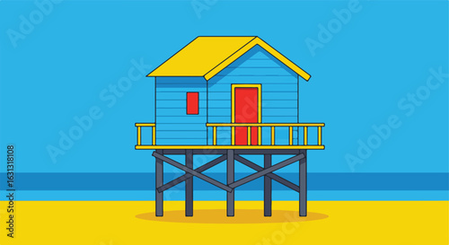 Beach Hut on Stilts. Seaside, Vacation, and Summer Holiday. Blue Ocean Background