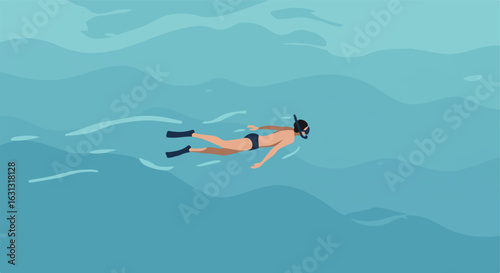 Person snorkeling in ocean; water is turquoise, ripples in background. For travel ads