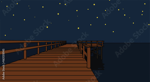 Dock extending to the sea at night with starry sky, for serenity or reflection