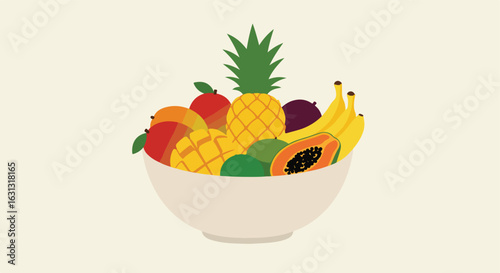 Tropical Fruits spilling from a White Bowl on Beige Background for Menu Design