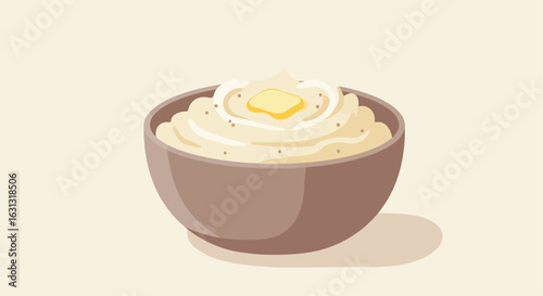 Serving of mashed potatoes with melting butter in a bowl on a plain background