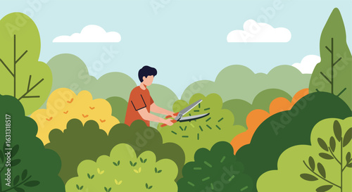 Person Trimming Bushes in a Park with Clouds. DIY Garden, Illustration