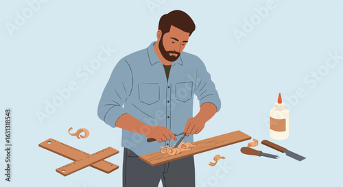 Man with wood chisel working on a flat surface for DIY, home improvement project