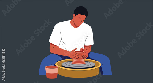 Man crafting clay pot on pottery wheel in studio against dark background