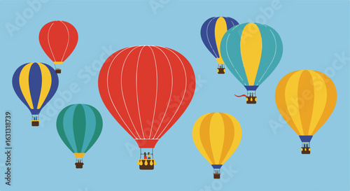 Balloons rising on azure sky. Symbol of freedom, travel, events and celebrations