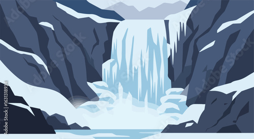 Flat Design Waterfall Cascades From Cliffside Mountains, Flowing into Lake Scene