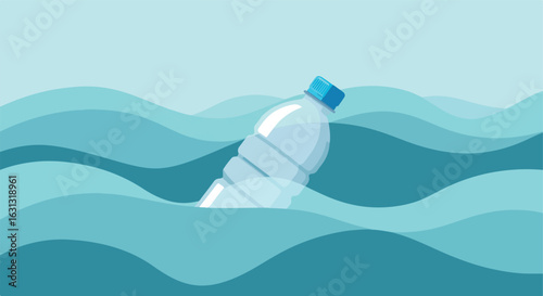 Discarded bottle floats on wavy water, symbolizing pollution and environmental issue