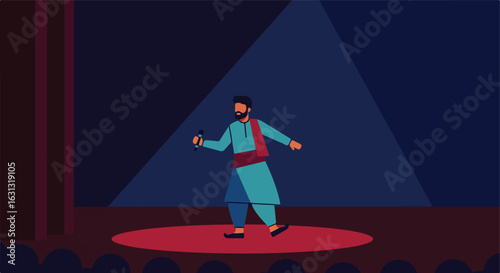 Man sings, performs, on stage. Audience seated. Great for Indian shows