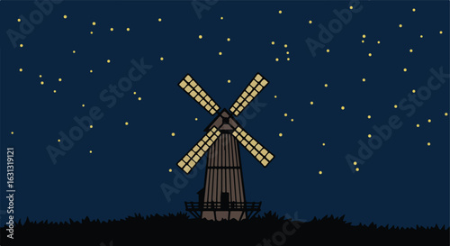 Cartoon windmill rotates in field under starry night sky for children's book