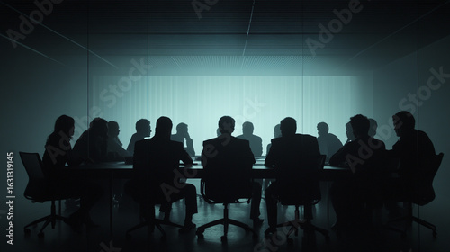 Silhouetted businesspeople meeting in a modern boardroom  a mysterious corporate gathering