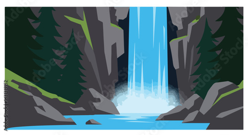 Waterfall cascading into a pool in the mountains with forest background; for travel ad