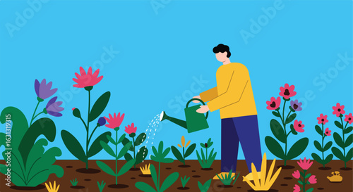Person Waters Flowers in a Garden Under Blue Sky for Home Decor or Graphic Design