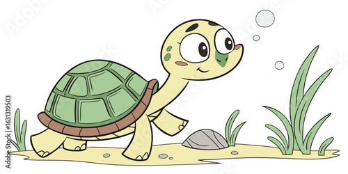 Cute wild turtle with a green shell on the grass