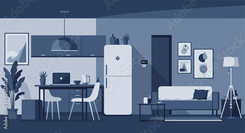 Working on a laptop in a kitchen-living room with a smart home assistant