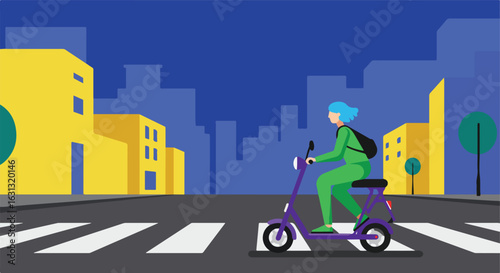Riding an electric scooter across a crosswalk in a city with urban buildings